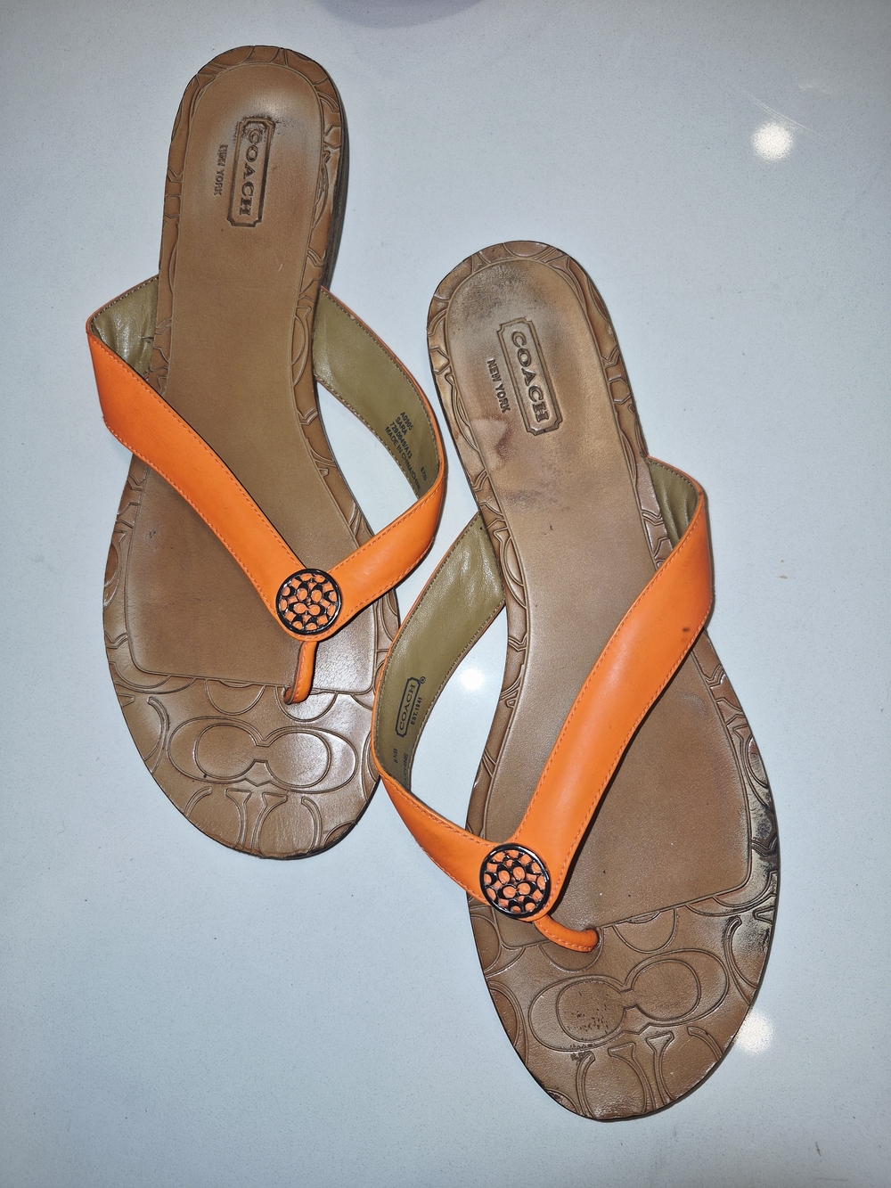 Sara Orange Leather Thong Sandals with Embellished Medallion Size 9